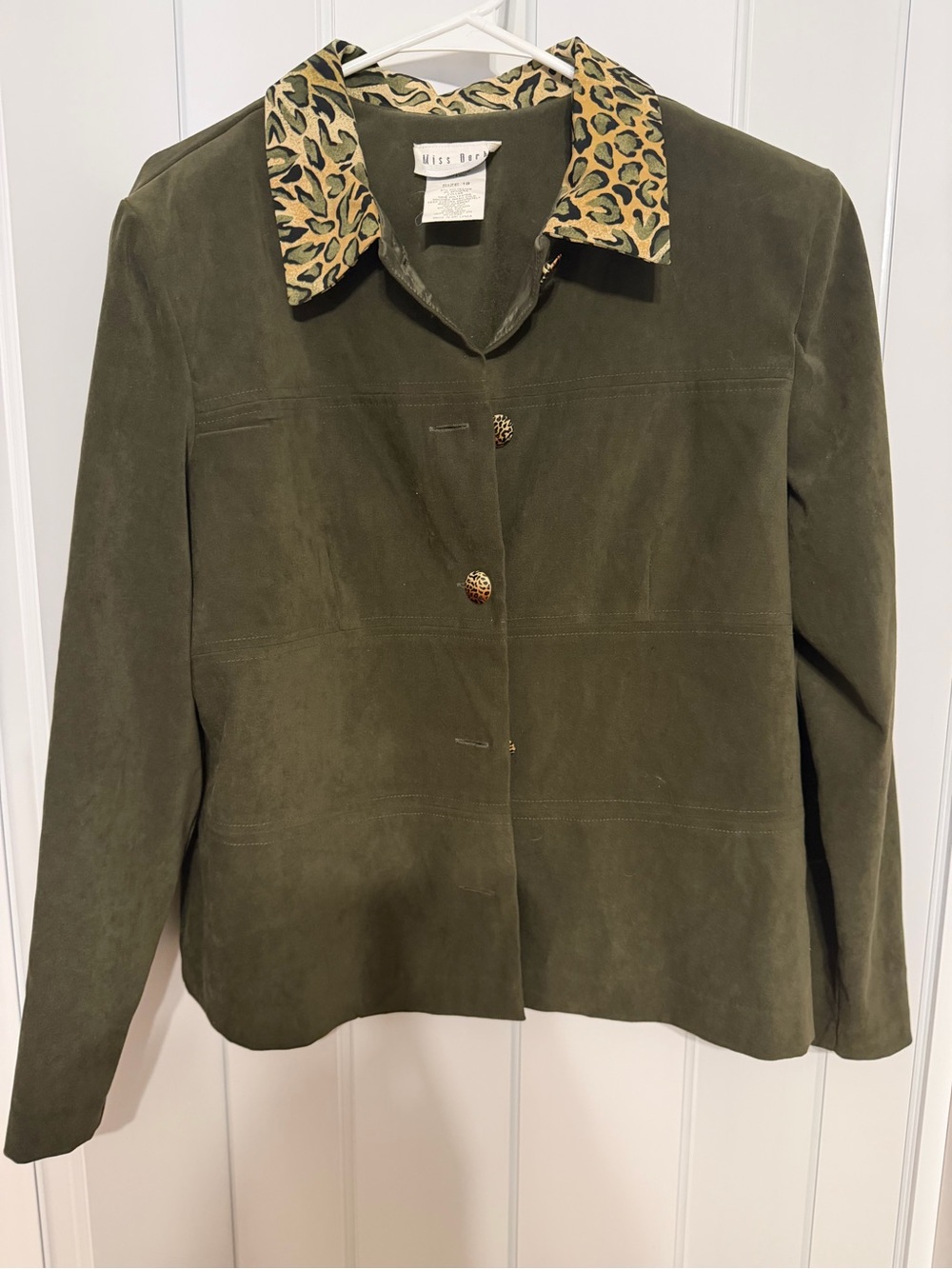 Miss Berg Olive Suede Jacket with Leopard-Print Collar